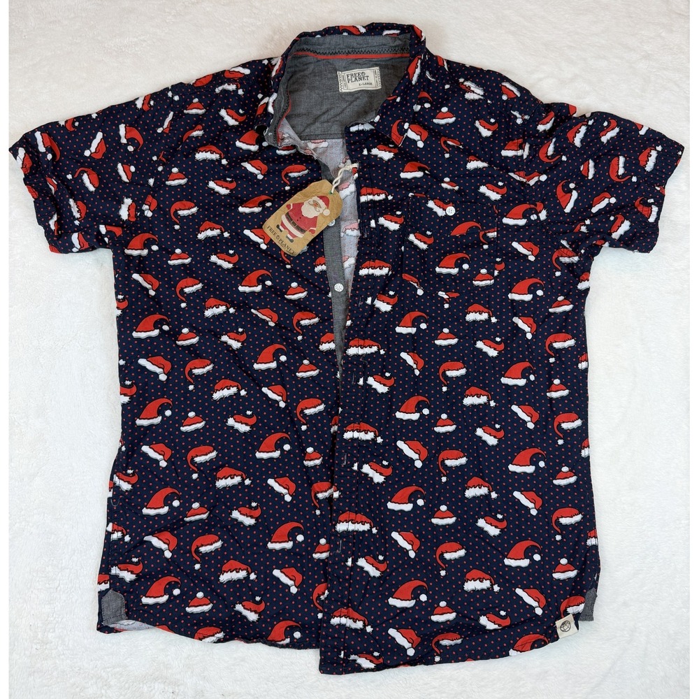 Free Planet Santa Hat Christmas Button Front Short Sleeve Shirt XL Navy